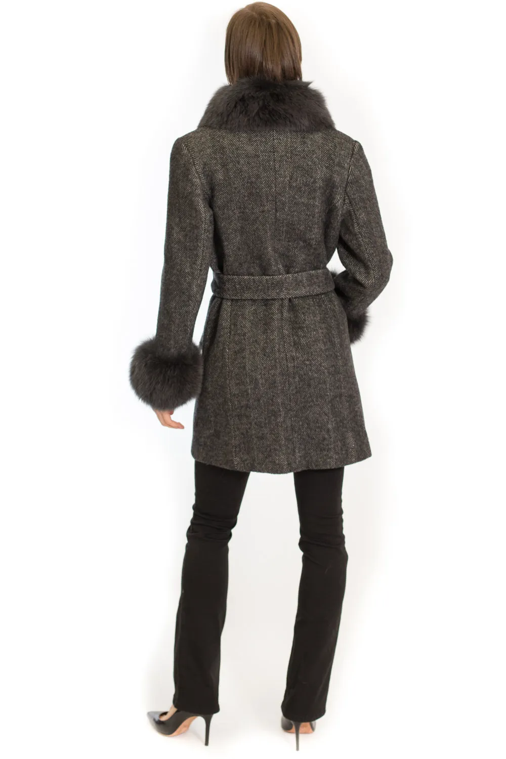Wool Wrap Coat with Oversized Fox Collar and Cuffs